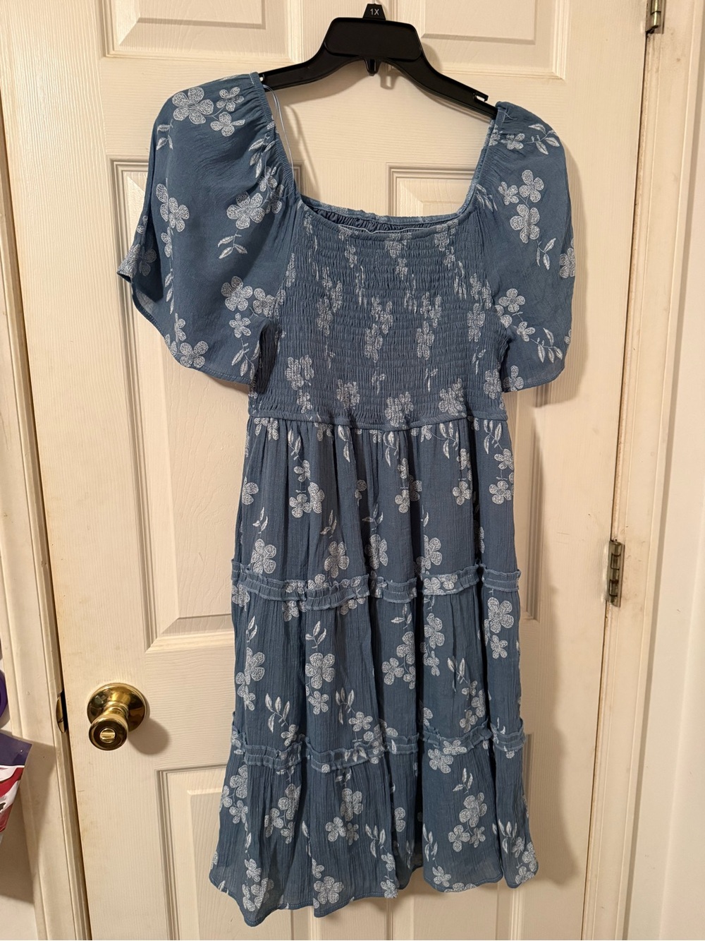 Blue Floral Smocked Midi Dress with Puff Sleeves